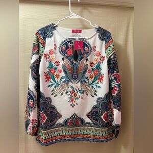 Mundefeis Boho Parrot & Floral Print Tassel Blouse – Size Small